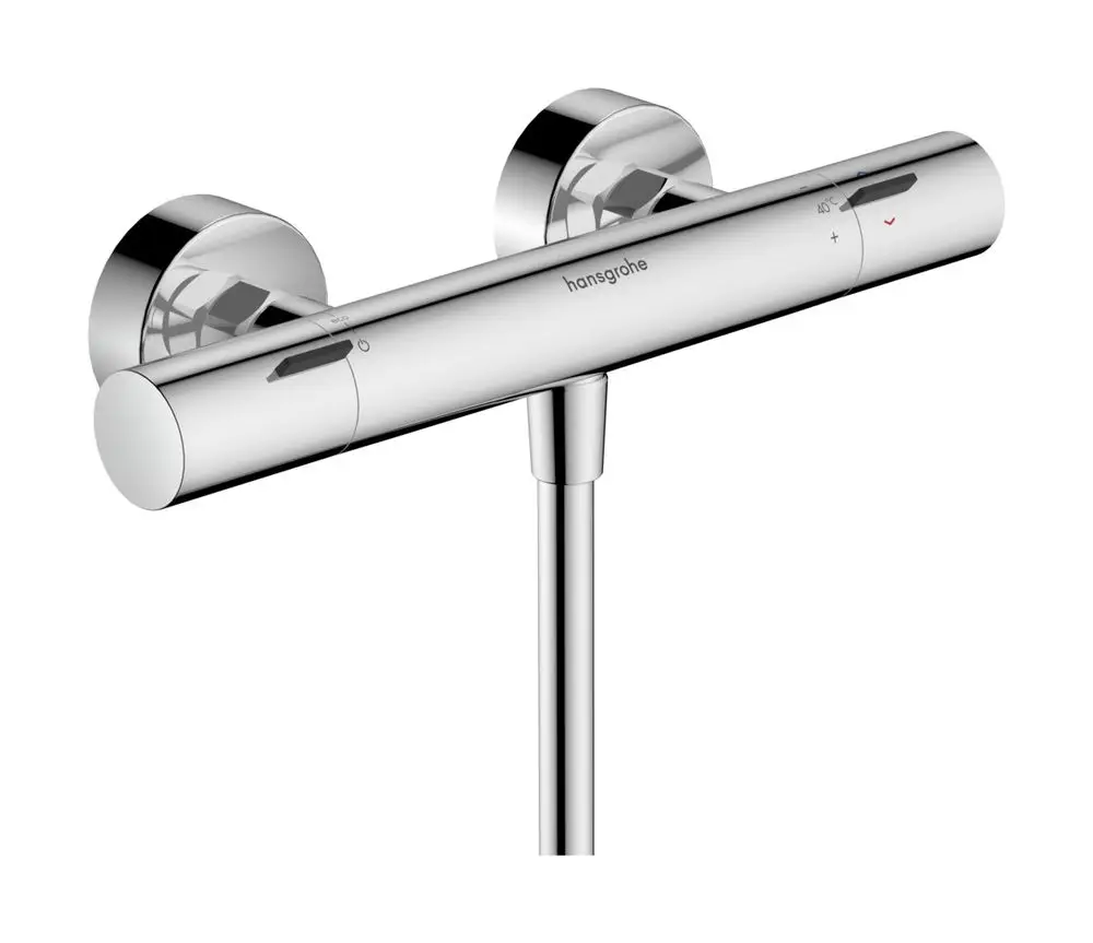 Hochglänzendes Brausethermostat von Hansgrohe, mit Temperaturregler und zwei Bedienelementen, montiert auf einer Wand.